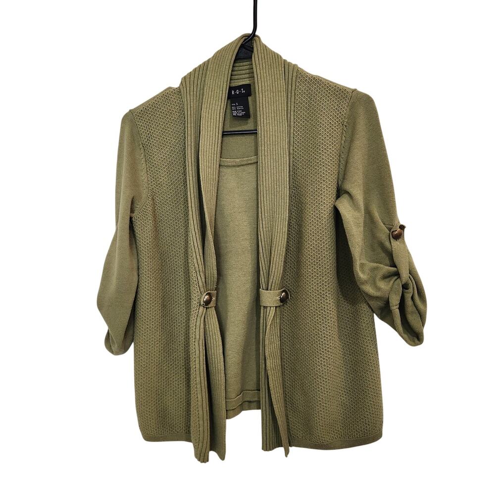 R.Q.T Green Rib Knit Roll Tab Sleeves Open Front Cardigan w/ Inner Top Small